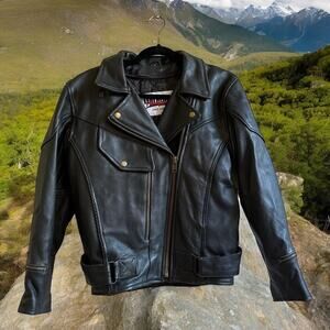 Vtg Heavy Leather Headquarters Motorcycle Black Lined Jacket Large Belted Sz M/L